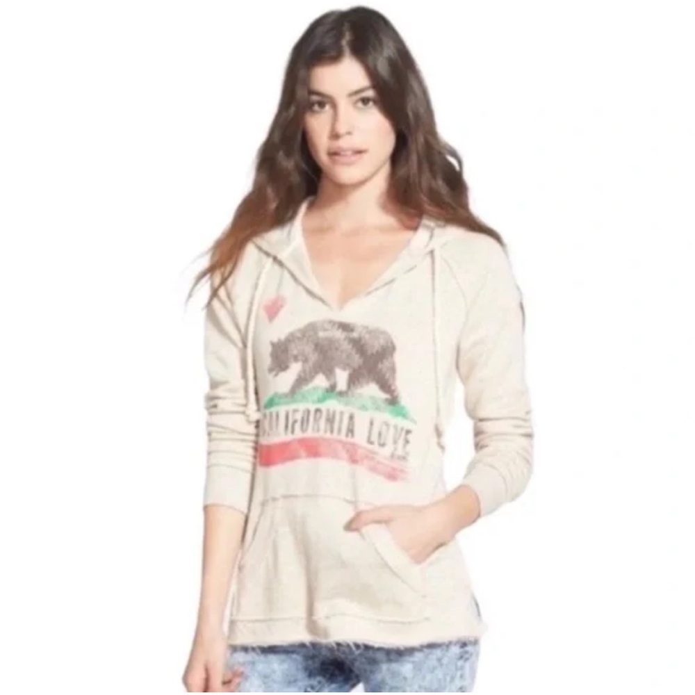 Billabong Women's Cream Pull On Graphic Hoodie Front Pockets Size Small GUC